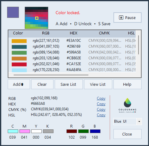 Colourang color picker interface and color values