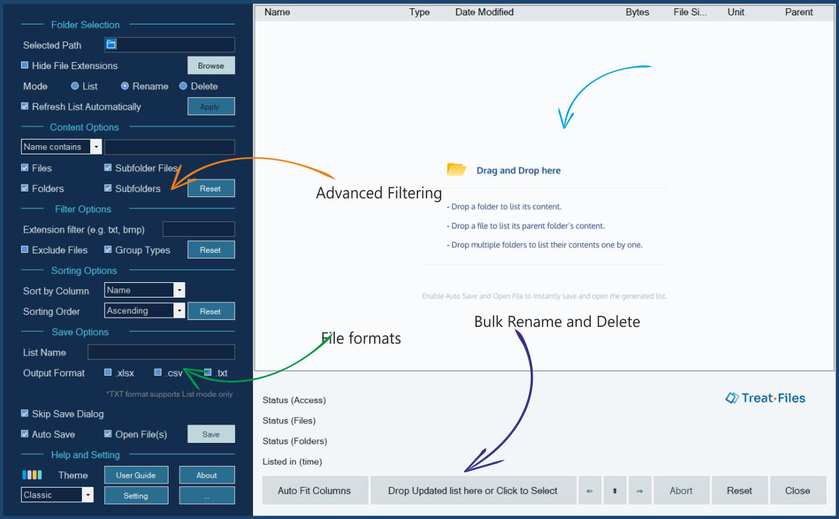 TreatFiles interface for listing and managing files
